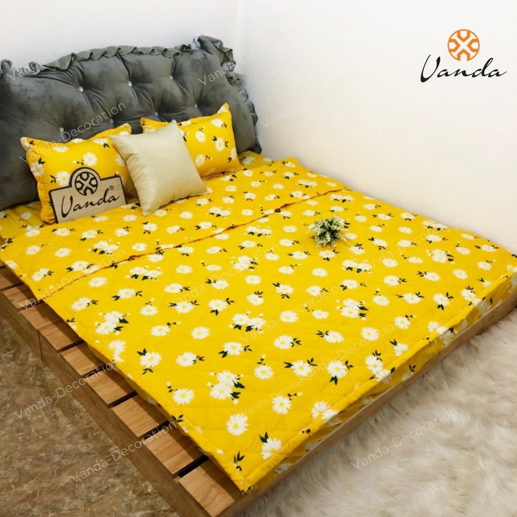 Bộ chăn hè Cotton Poly VN ga gối , drap giường họa tiết hoa cúc vàng