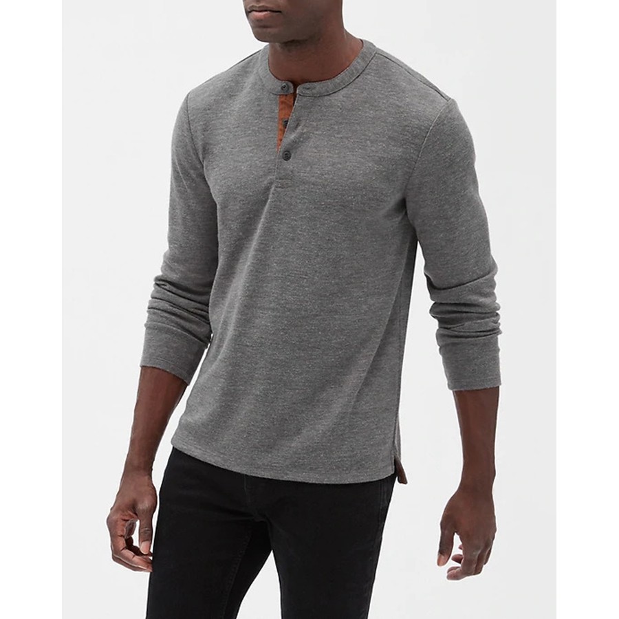 FO76 KHO HÀNG XUẤT DƯ - ÁO THUN NAM CỔ TRÒN DÀI TAY HENLEY BANANA REPUBLIC MÀU XÁM- BRUSHED HENLEY