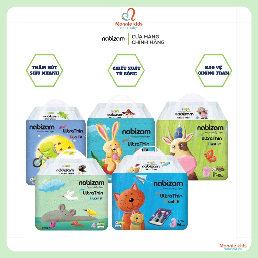 Bỉm tã quần cho bé Nabizam M32/L30/XL26/2XL22/3XL20, bỉm quần Hàn Quốc siêu mỏng - Monnie Kids
