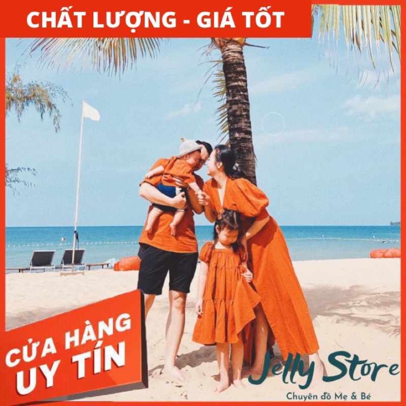 Set đồ đôi Gia Đình Đũi xước cam đất, váy mẹ dáng Maxi, kèm ảnh thật