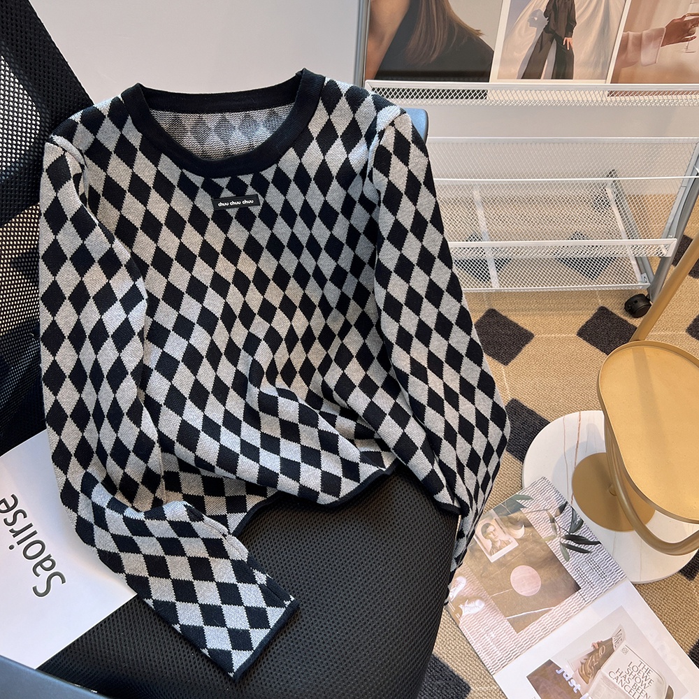 Rhomb Áo sweater Dệt Kim Tay Dài Dáng Ngắn Thời Trang Mùa Thu Cho Nữ