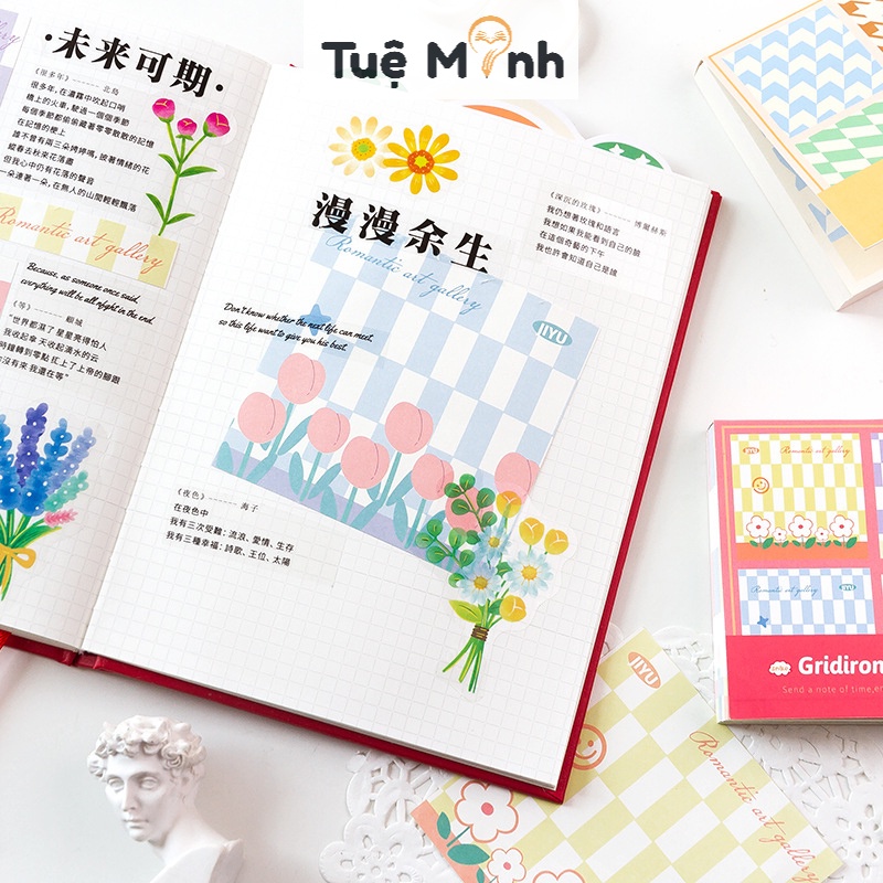 Tập 100 tờ Note ghi chú Caro dễ thương NO17 hình Bánh kem, Vườn hoa cute trang trí sổ bullet journal