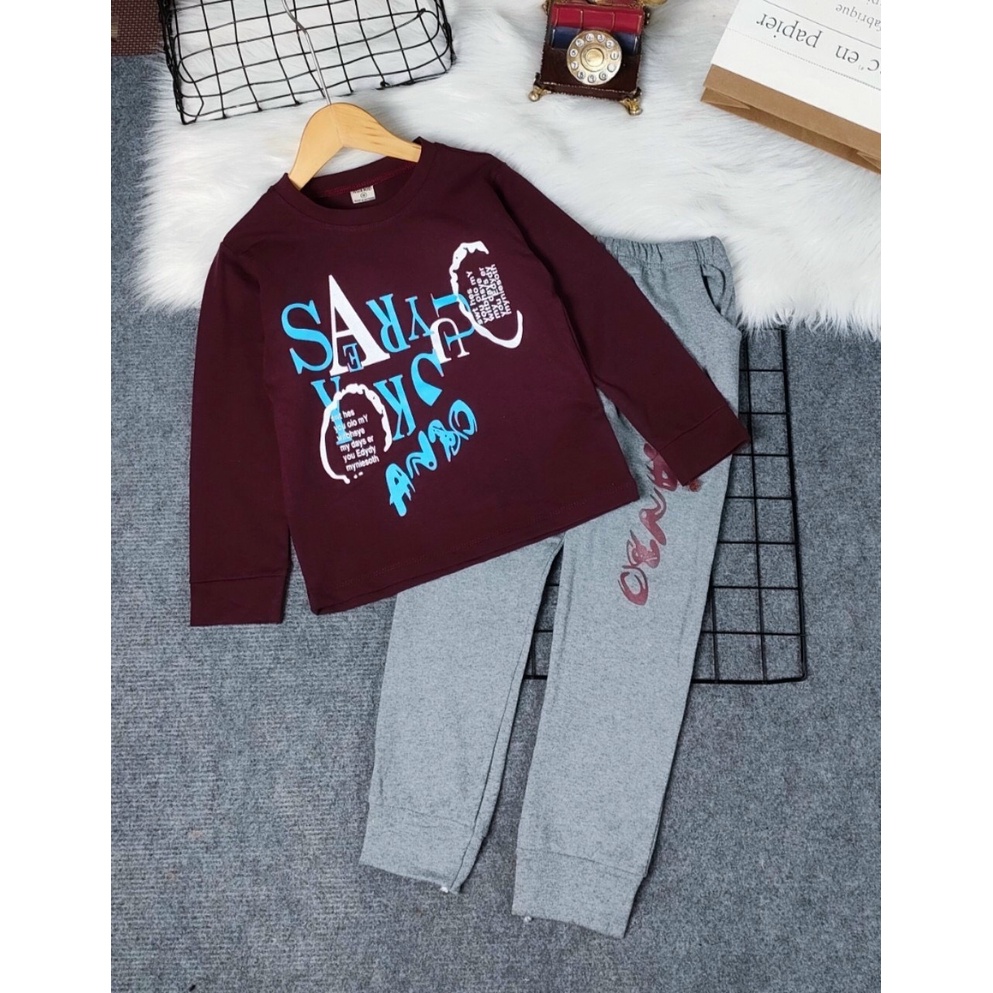 Bộ thun coton tay dài quần dài bé trai size đại