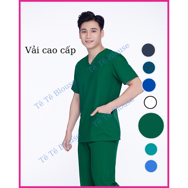 Bộ SCRUBS cổ tim phòng mổ, đồng phục phẫu thuật, Spa, phòng khám, màu XANH LÁ, chất vải LON mỏng mát và Thun cao cấpộ