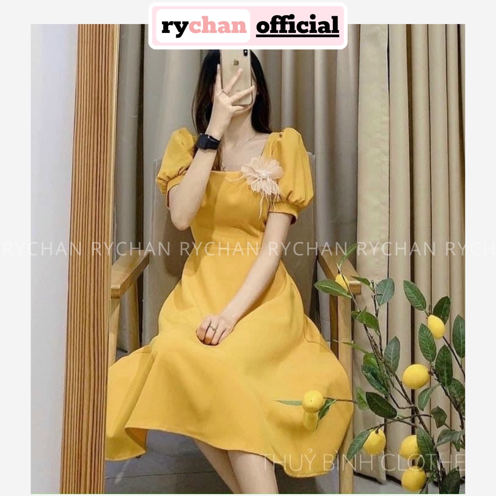 Đầm Xòe Midi Cổ Vuông Tay Phồng Đính Hoa Ngực [Ảnh Thật Cuối] - DX9968
