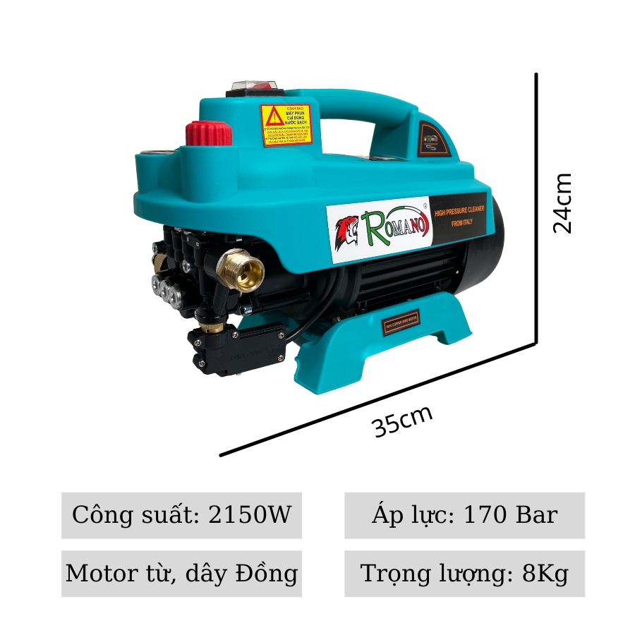 Máy rửa xe Romano RO2150A công suất 2150W có chỉnh áp, chống giật hiện đại bảo hành 12 tháng