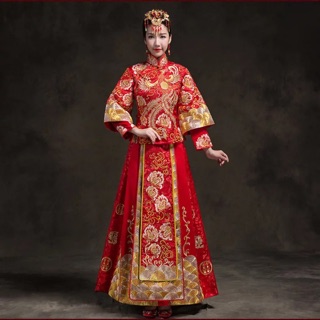 Bộ hỷ phục cô dâu chú rể trung hoa - bộ áo khỏa người hoa tặng cài tóc cổ trang