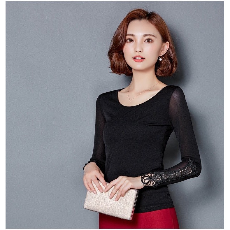 ÁO NỮ TRUNG NIÊN THUN PHỐI REN BƯỚM TAY A0728