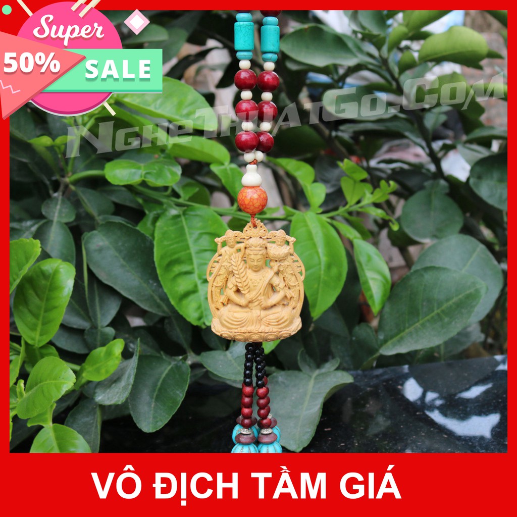 ((HOT )) Dây treo xe ô tô tượng Phật Hư Không Tạng Bồ Tát bằng gỗ Hoàng Dương- TẶNG 1 VÒNG ĐEO TAY