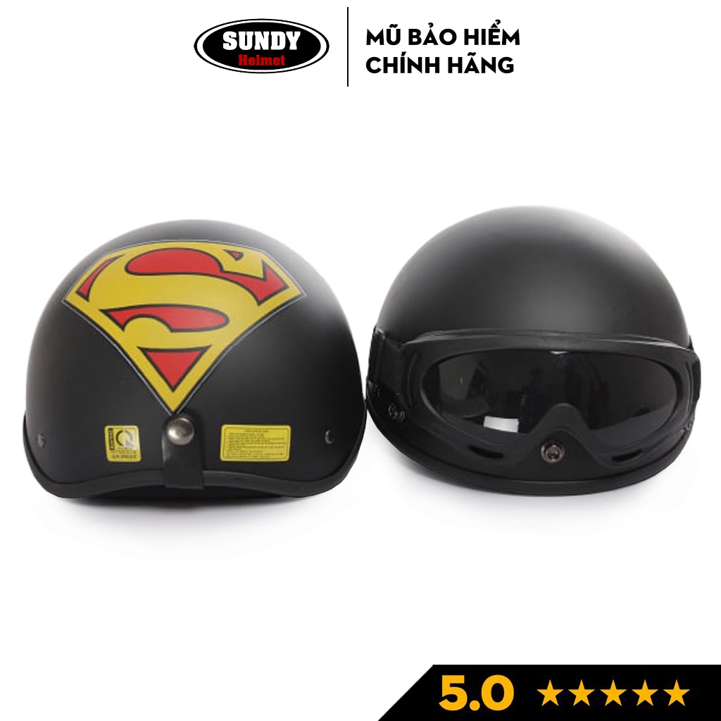 Mũ bảo hiểm thời trang chính hãng SUNDY, tem hình Superman mạnh mẽ, nón 1/2 đầu cao cấp, kèm kính UV, kính phi công