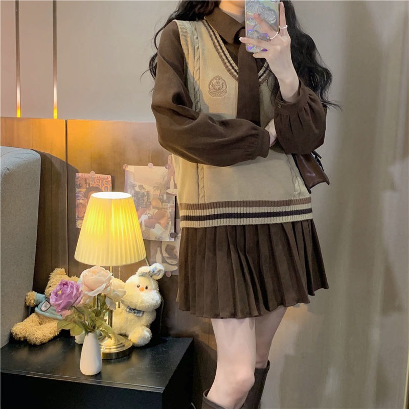 Set Áo Sơ Mi Dài Tay Cổ Chữ V + Đầm Len Dài Tay Cổ Bẻ Thiết Kế Mới Thời Trang Dành Cho Nữ