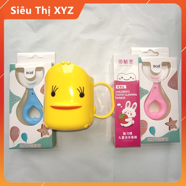 Bộ 3 Bàn Chải Đánh Răng Chữ U, Kem Đánh Răng Tạo Bọt Và Cốc Vịt Đáng Yêu Cho Bé