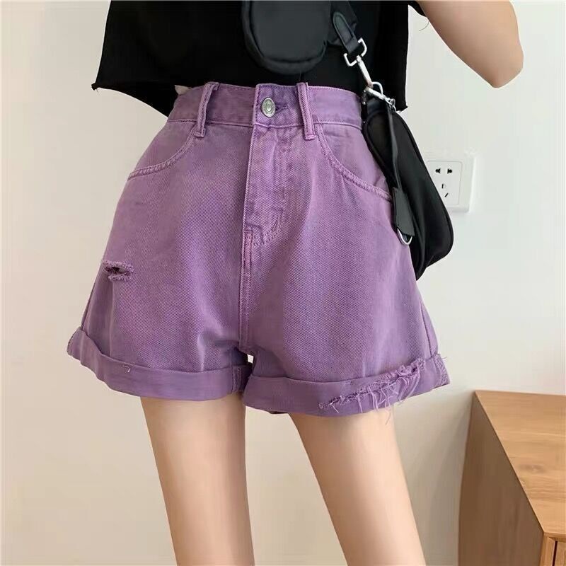COZOK Quần Short denim Lưng Cao Ống Rộng Phối Rách Kiểu Hàn Quốc Cá Tính