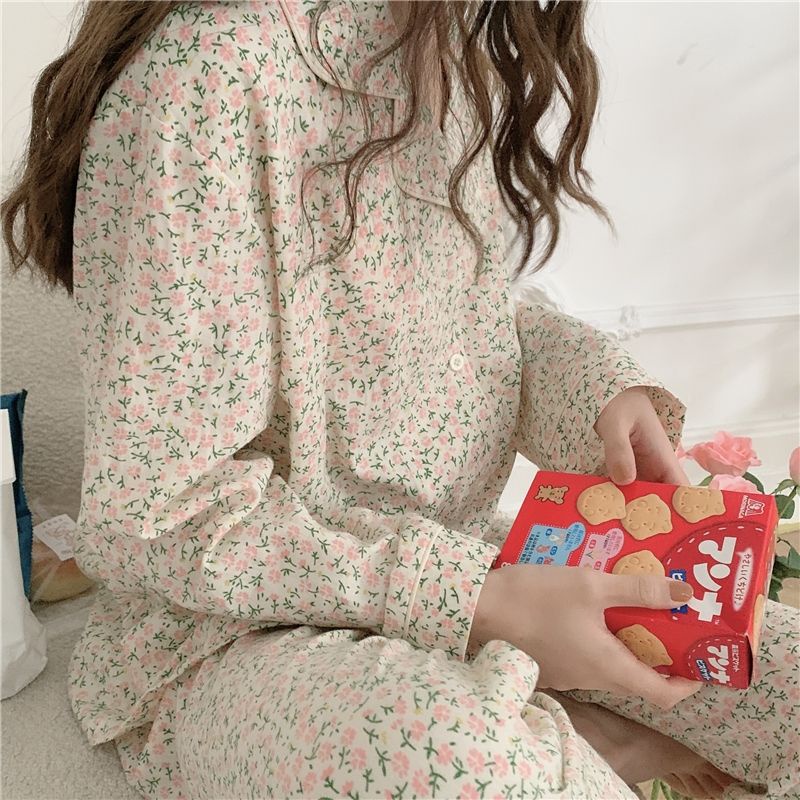 Bộ Ngủ / Mặc Nhà Pyjama Dài Hoa Nhí Ulzzang Order Kèm Ảnh Thật
