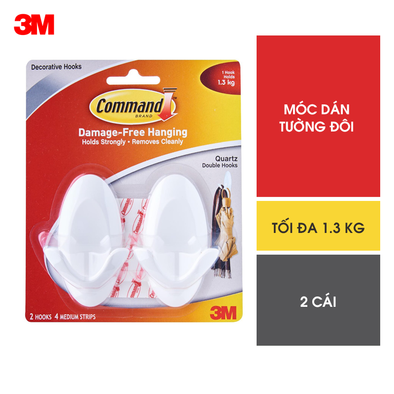 Móc đôi dán tường Command 3M vỉ 2 cái chịu lực 1.3kg -độ bám cao 17087