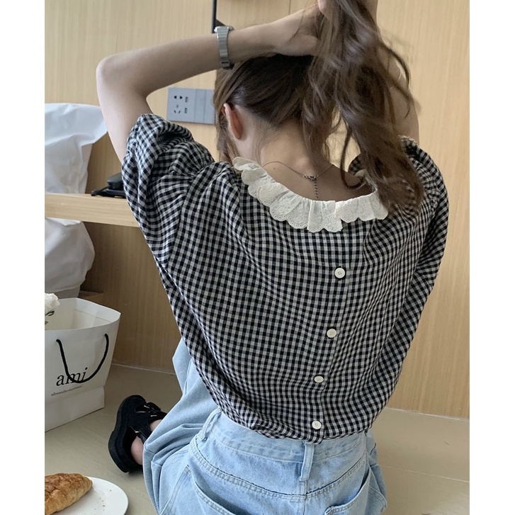 Áo Sơ Mi Tay Ngắn Dáng Rộng Họa Tiết Sọc Caro Thời Trang Cho Nữ