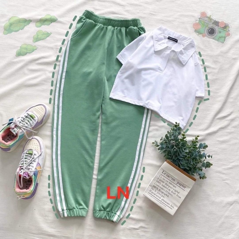 Sét áo polo croptop+quần sọc bo gấu