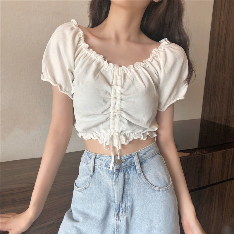 Drawstring design T-shirt women's summer 2021 new style puff sleeve white short cropped knitted short-sleeved top