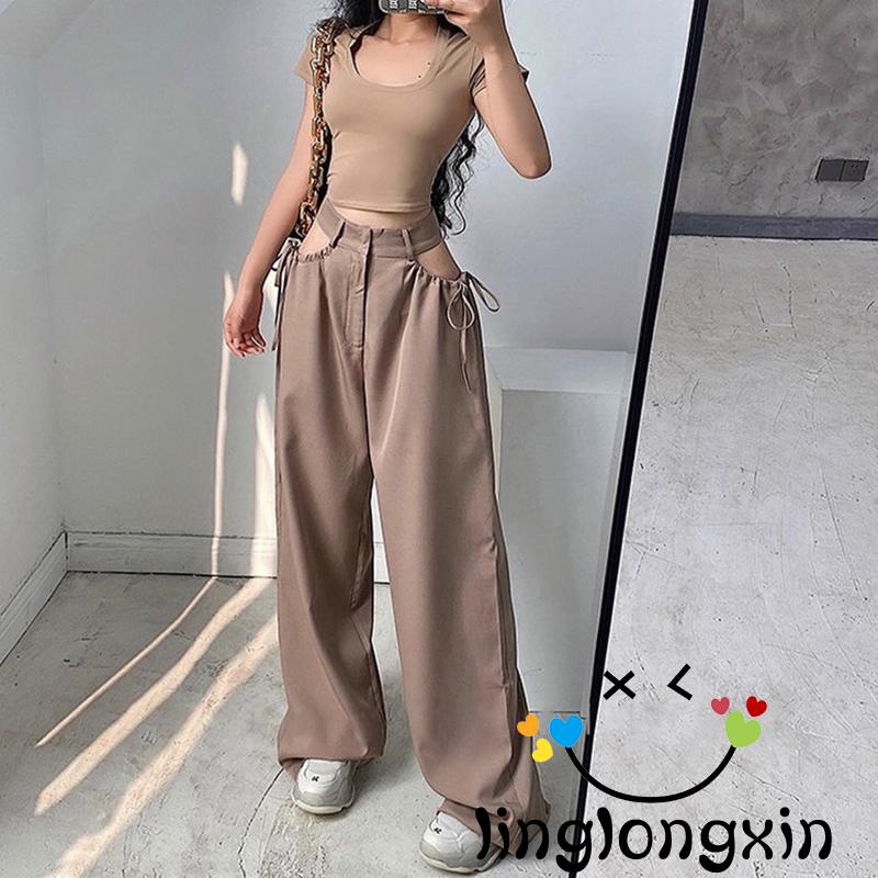 Linglongxi2 Quần ống rộng Thẳng Lưng Cao Màu Trơn Buộc Dây Mùa Xuân Thời Trang Thường Ngày Cho Nữ