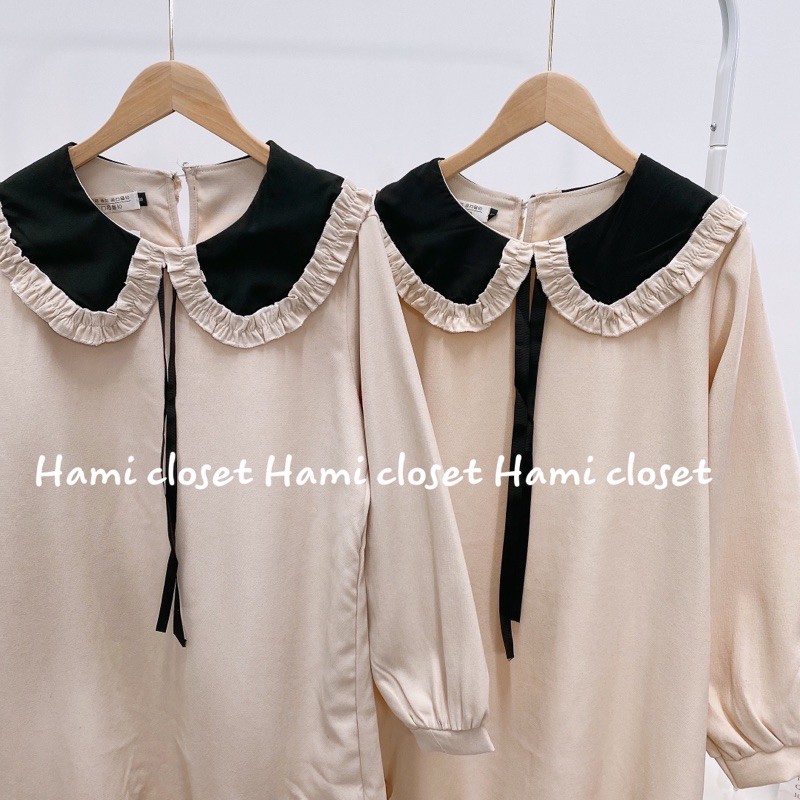Váy babydoll cổ tròn viền bèo xinh xắn dáng suông rộng phong cách ulzzang