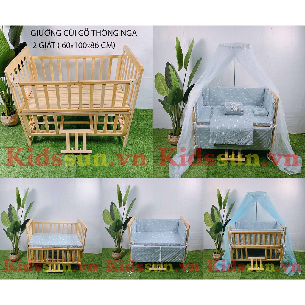 Giường Cũi 2 Tầng Trẻ Em KIDSSUN-Chất Liệu Gỗ Thông Trắng Nga-Có Giát Để Đồ-Kích Thước 60x100-An Toàn Cho Bé