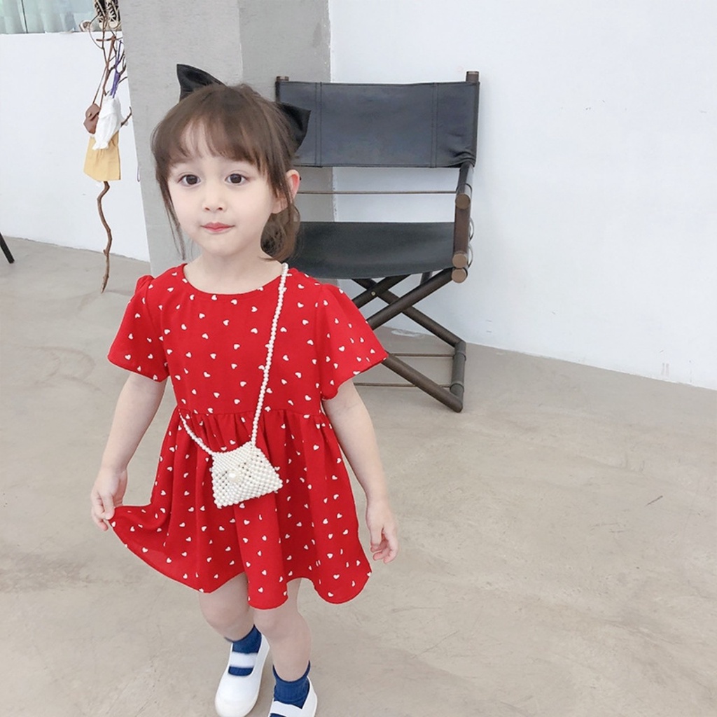 Váy mùa hè cho bé gái, váy đỏ trái tim in tràn dáng babydoll chất lụa Hàn cực xinh cho bé