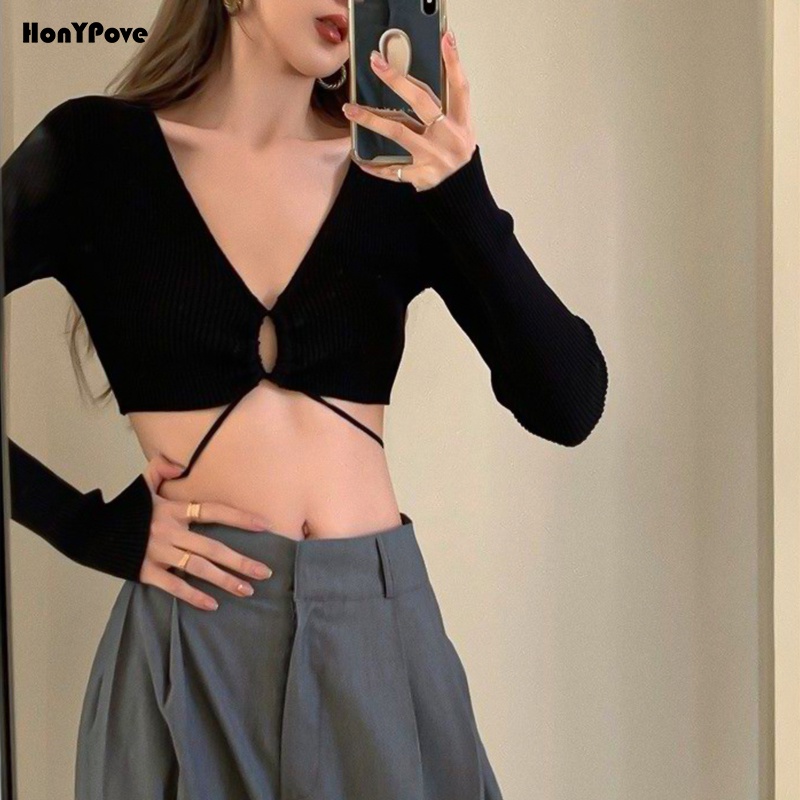 Honypove Áo Cardigan Ngắn Dáng Ôm Cột Dây Gợi Cảm Cho Nữ