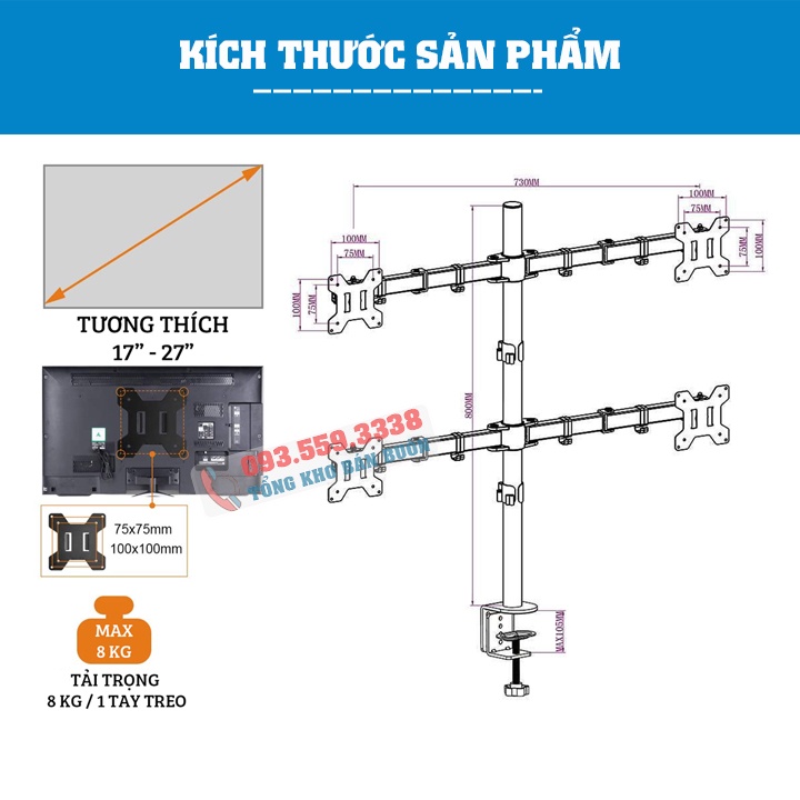 Giá Treo 4 Màn Hình Máy Tính 17 - 27 Inch M054 Xoay 360 Độ - Tải Trọng 8Kg 1Tay - Tay Treo Bốn Màn Hình Lắp Đặt Kẹp Bàn