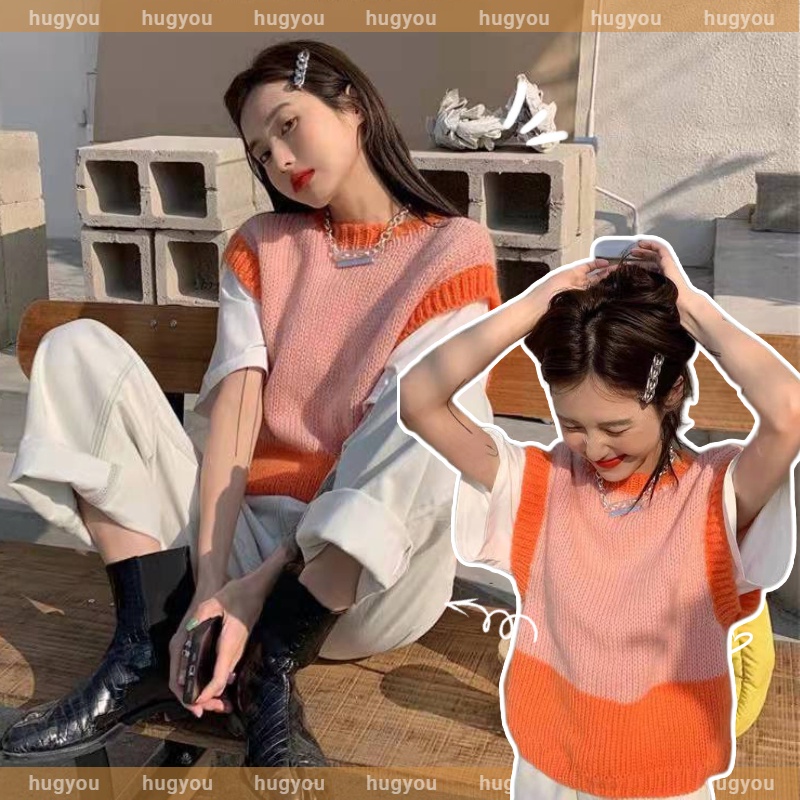 Áo Dệt Kim Sát Nách Phối Màu Tương Phản Trẻ Trung Cho Nữ