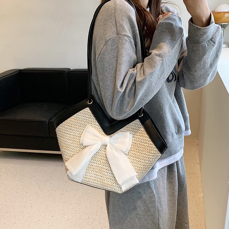 Túi đeo vai Ielgy đan sợi đính nơ sức chứa lớn thời trang cho nữ