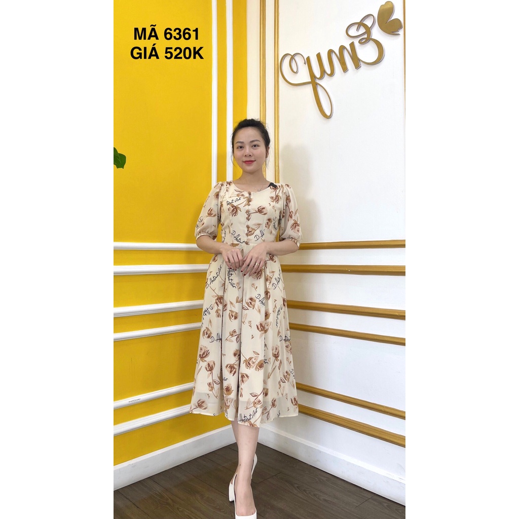 Váy EMY EM6361 Xòe Kem HT Hoa Nút Ngực