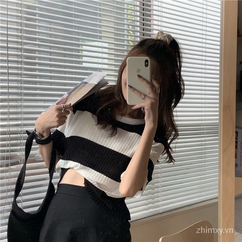 Áo dệt kim Do Dower tay ngắn dáng rộng họa tiết kẻ sọc màu tương phản thời trang mùa hè Hàn Quốc cho nữ | BigBuy360 - bigbuy360.vn