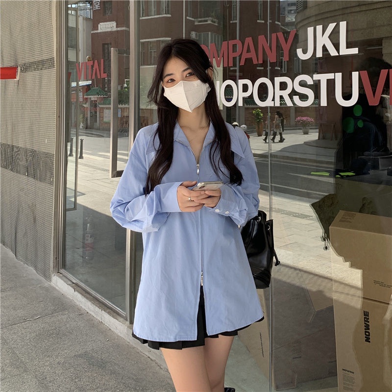 Áo sơ mi trắng dáng rộng phối khóa kéo thời trang mùa thu mới cho nữ