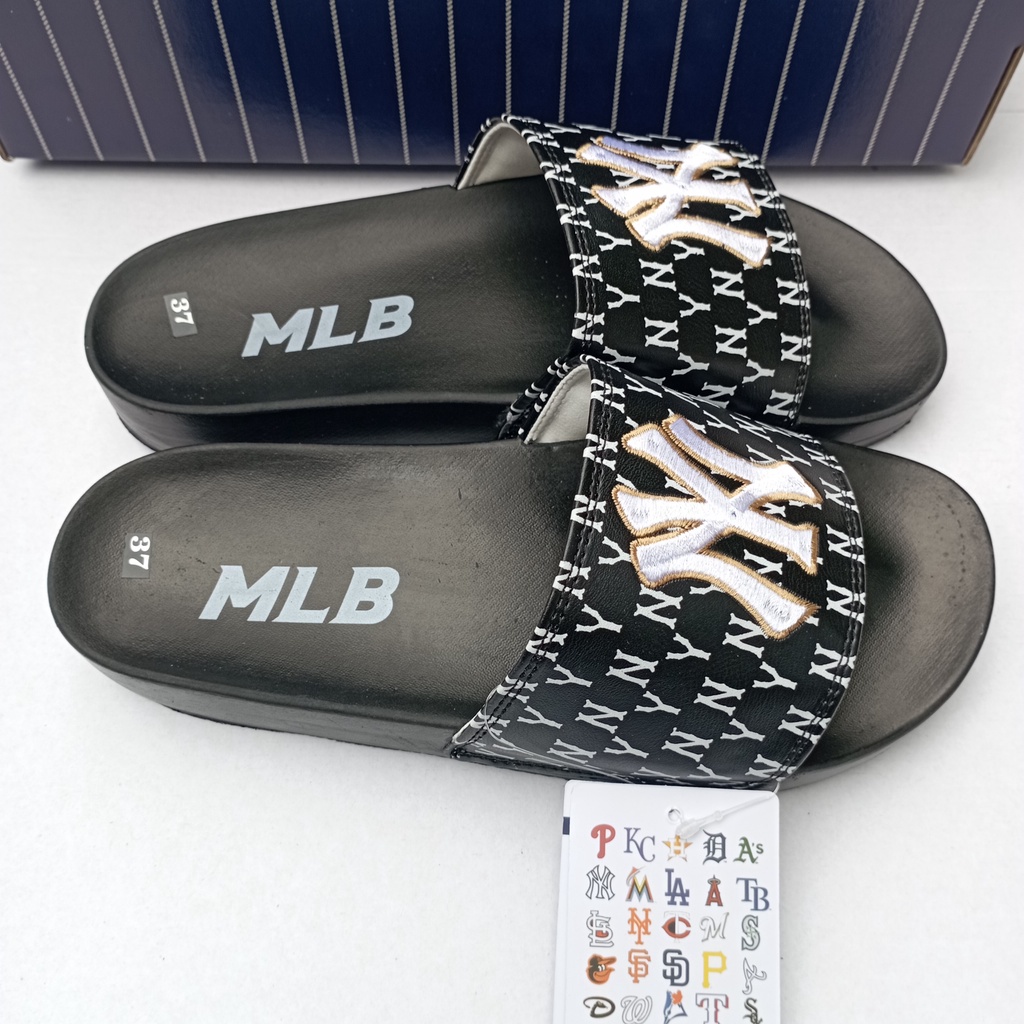 [FREESHIP + Tặng hộp] Dép Unisex MLB NY Đen Chữ Thêu Nổi Êm Chân  Dép NY Quai Ngang Nam Nữ