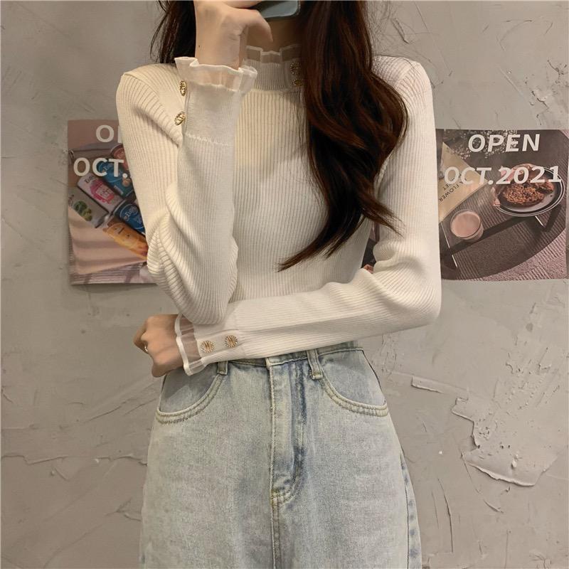 MS364 Áo len tăm nữ phối voan đính cúc đá tiểu thư