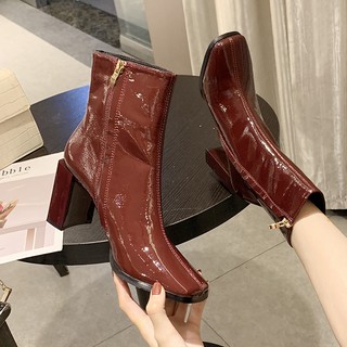 sẵn 35 BOOT DA BÓNG GÓT VUÔNG 7.5 PHÂN CÓ KHÓA KÉO HÔNG CỰC SANG bốt da bóng đỏ