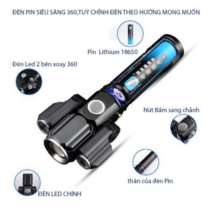 Đèn Pin Cầm Tay 3 Pha Siêu Sáng Xoay 360 Độ Tiện Dụng