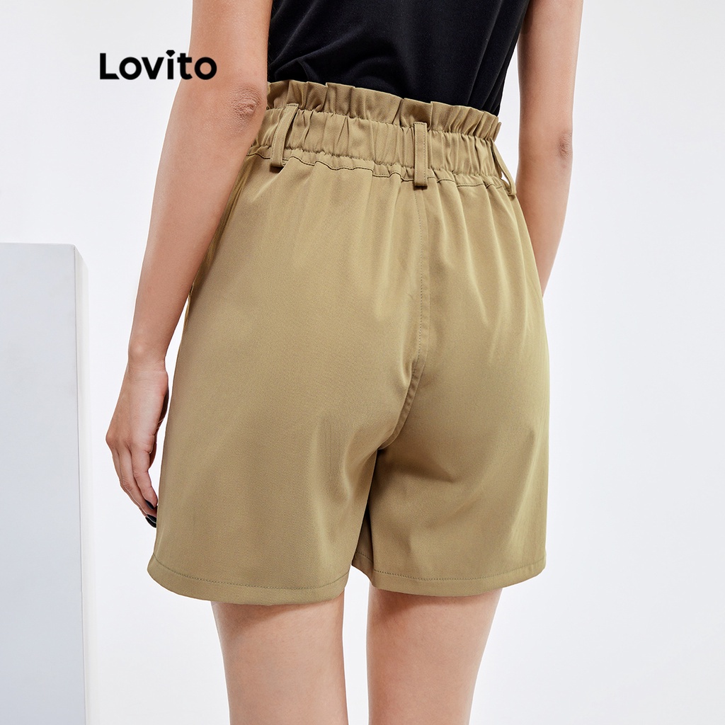106DP-Quần short Lovito màu trơn thiết kế túi giấy ngay thắt lưng có túi phong cách thường ngày L25AD050 (màu kaki)