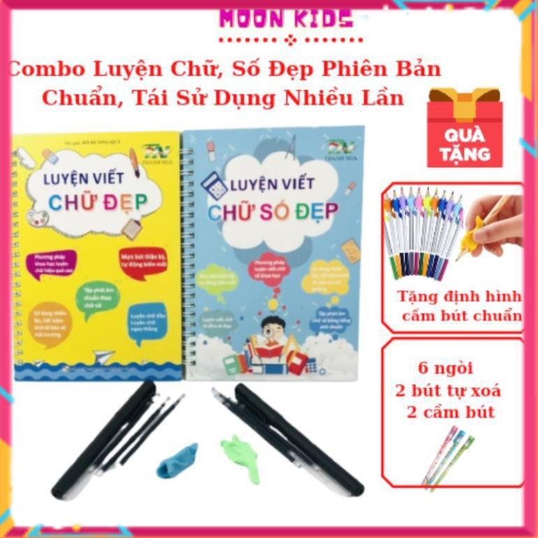 Combo 2 Quyển Luyện Viết Chữ Và Số Đẹp Chuẩn Tiếng Việt Cho Bé, Tặng Kèm Bô Bút Thông Minh