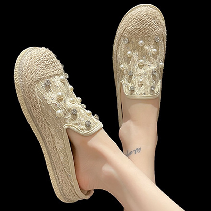 Dép bít mũi IELGY đế thấp đính đá hình hoa xinh xắn cho nữ