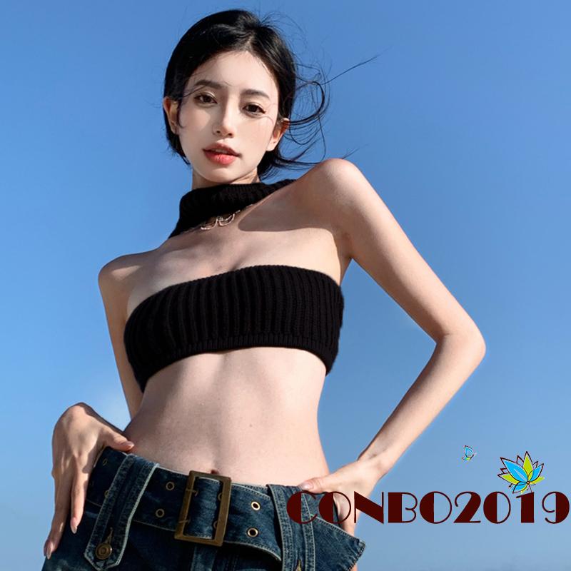 HGM-Women Knitted Halterneck Bandeau Tube Tops Summer Solid Color Sleeveless Backless Crop Tops