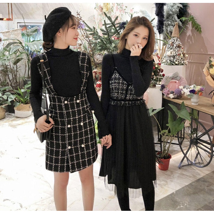 Set đồ đôi bạn thân váy yếm dạ và váy yếm lưới mẫu mới 2021