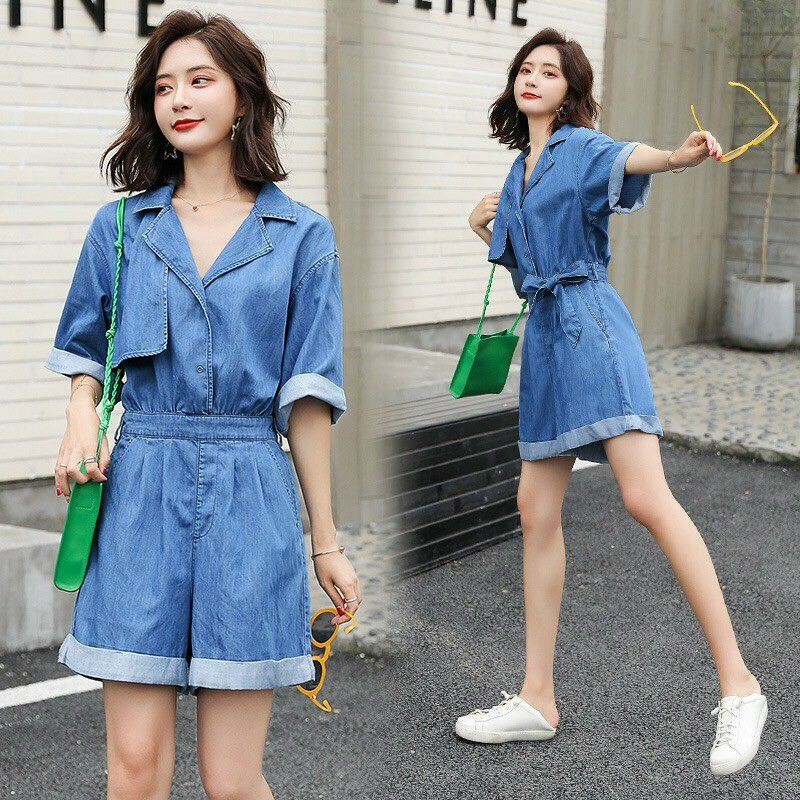 Jumpsuit vải bò ngắn cổ vest, bộ jum vải jean short kiểu đồ bay - DTH