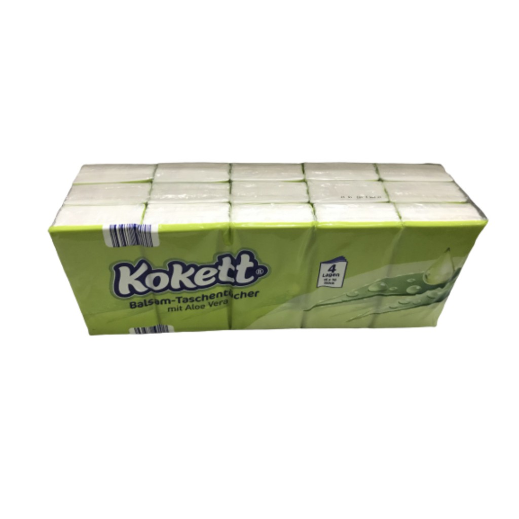 Giấy ăn Kokett Đức 4 lớp chứa tinh chất dưỡng ẩm Lô Hội 15 túi*10 tờ