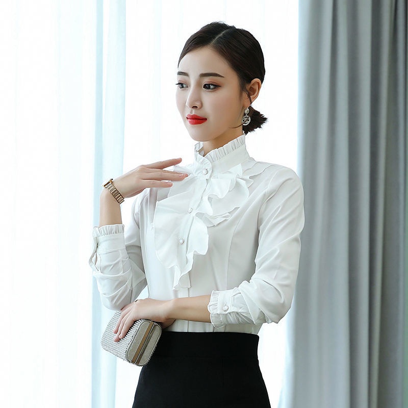 Áo Sơ Mi Cổ Đứng Viền Hoa 100% Cotton Trang Phục Thu Đông Dài Tay Nữ Áo Mặc Trong Mẫu Mới Áo Sơ Mi Tôn Dáng