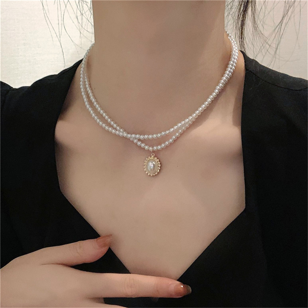 Vòng cổ choker kết hạt ngọc trai giả thiết kế 2 lớp phong cách retro sành điệu