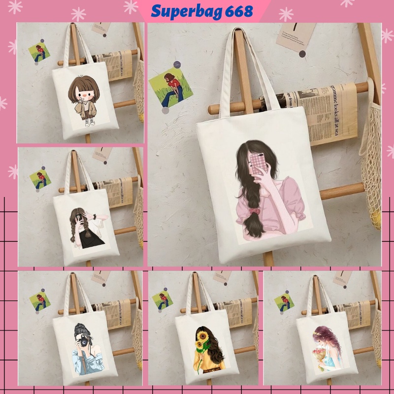 Túi tote túi vải canvas Hàn Quốc hoạ tiết dễ thương đựng vừa A4 laptop đi chơi đi học HQ 215