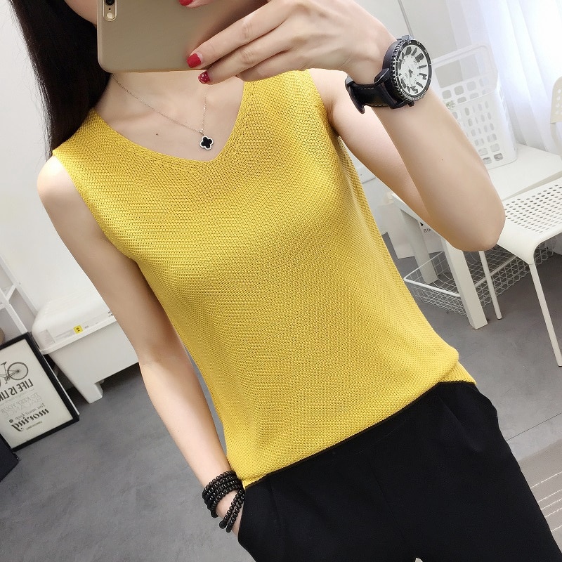 Áo dệt kim sát nách cổ chữ V dáng rộng màu trơn đơn giản trẻ trung cho bạn gái