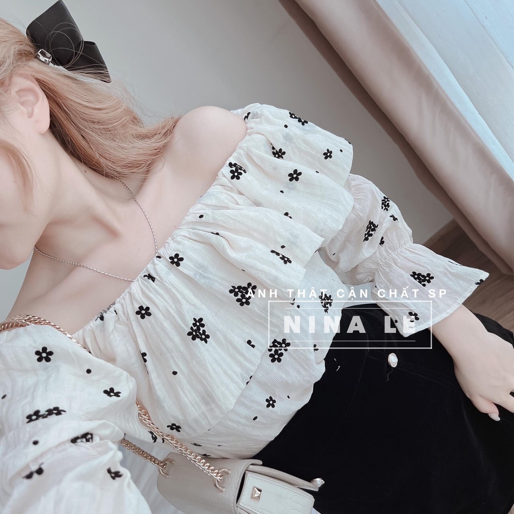 Áo trễ vai hoa nhí đũi nhăn dáng tay dài kèm ảnh thật