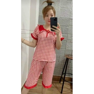Đồ Bộ nữ, đồ bộ kate lụa họa tiết caro có tay quần lửng
